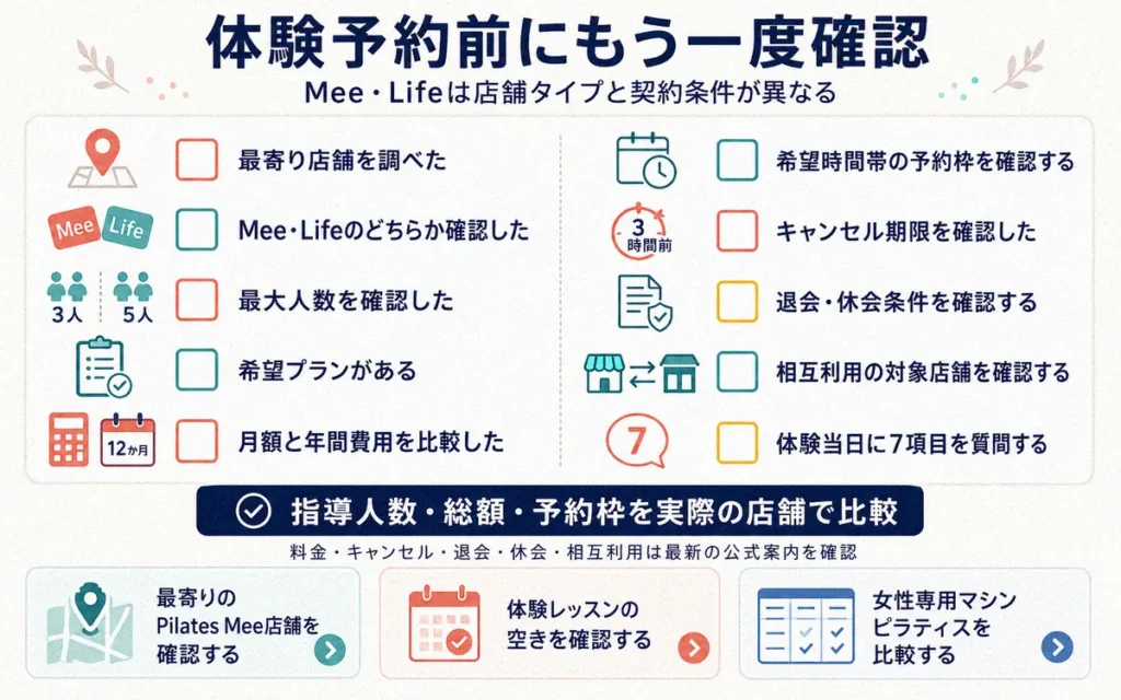まとめ|Pilates Mee(ピラティスミー)とPilates Mee Lifeの指導人数・月額料金・予約枠を体験時に比較しよう